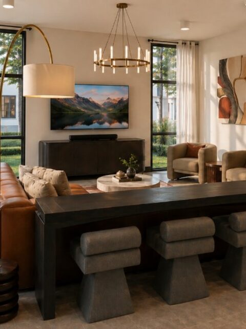 Modern apartment lounge with sofa, stools, TV, and tall windows at The Bob Apartments