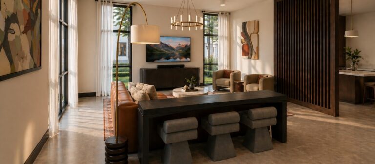 Modern apartment lounge with sofa, stools, TV, and tall windows at The Bob Apartments