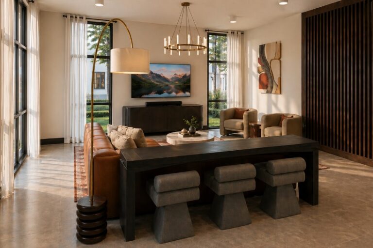Modern apartment lounge with sofa, stools, TV, and tall windows at The Bob Apartments