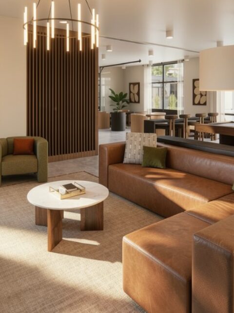 Modern apartment lobby lounge with leather sectional, green chairs, and pool view at the Bob Apartments in Richland, WA
