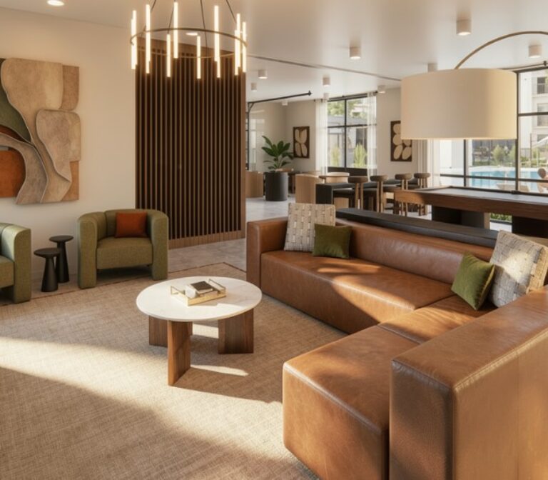 Modern apartment lobby lounge with leather sectional, green chairs, and pool view at the Bob Apartments in Richland, WA