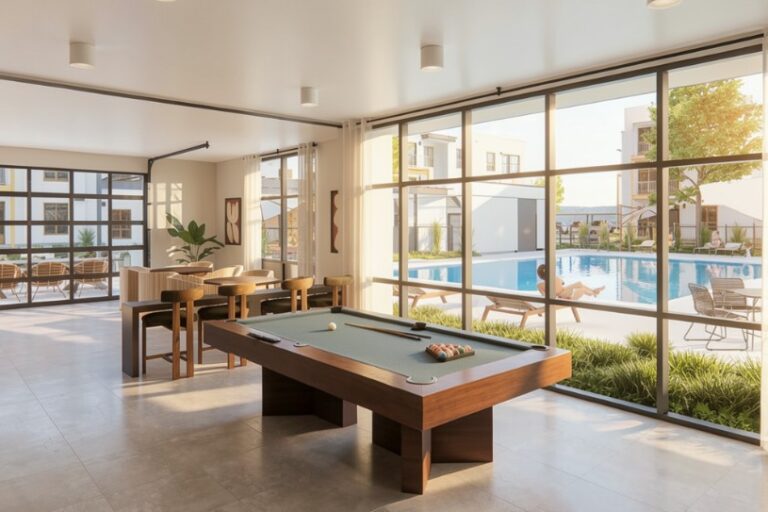 Amenity lounge with pool table, seating area, and large windows overlooking the pool at The Bob Apartments