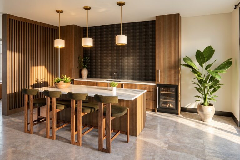 Modern apartment lounge kitchen with island, pendant lights, bar stools, and large potted plant
