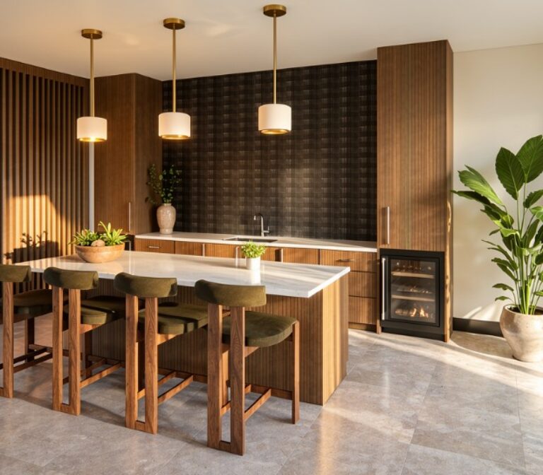 Modern apartment lounge kitchen with island, pendant lights, bar stools, and large potted plant