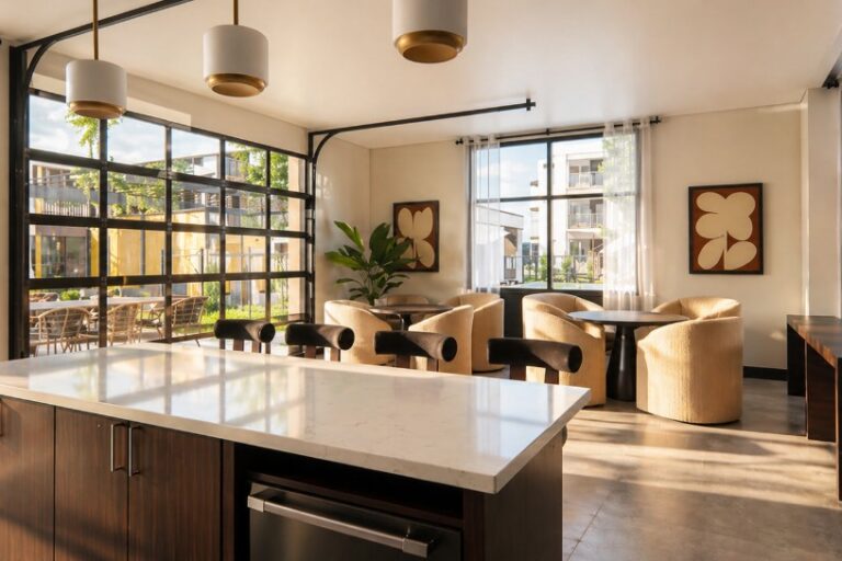 Bright apartment lounge with large windows, seating, and a kitchen island at the Bob Apartments in Richland, WA