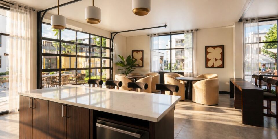 Bright apartment lounge with large windows, seating, and a kitchen island at the Bob Apartments in Richland, WA
