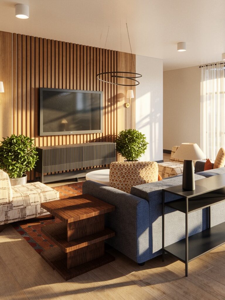 Modern apartment lounge with TV wall, seating, and pool view through floor-to-ceiling windows