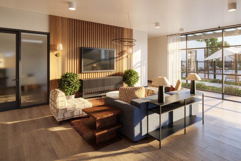 Modern apartment lounge with TV wall, seating, and pool view through floor-to-ceiling windows