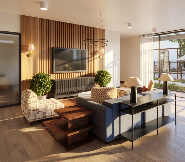 Modern apartment lounge with TV wall, seating, and pool view through floor-to-ceiling windows