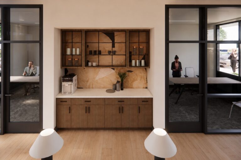 Modern apartment common area with coffee bar and meeting rooms at the Bob Apartments