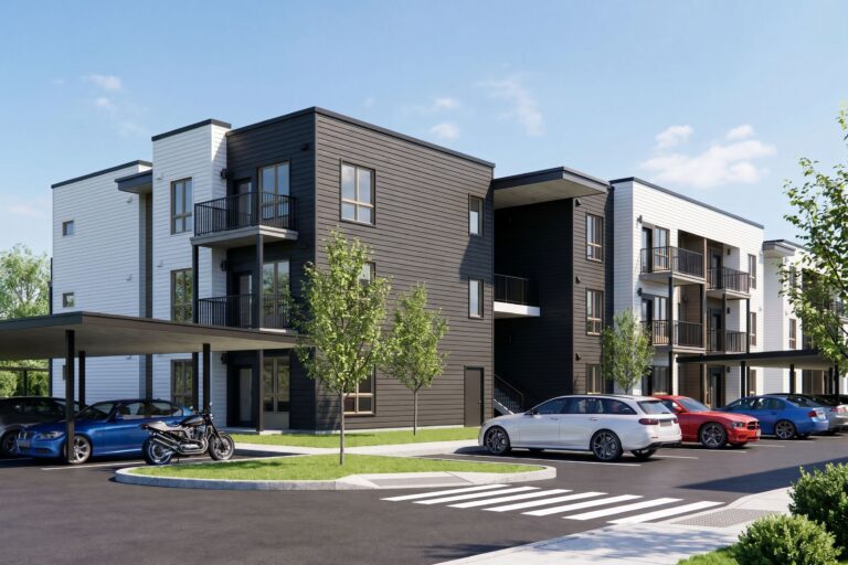 Bob Apartments exterior with modern three-story buildings, balconies, and parked cars in the lot