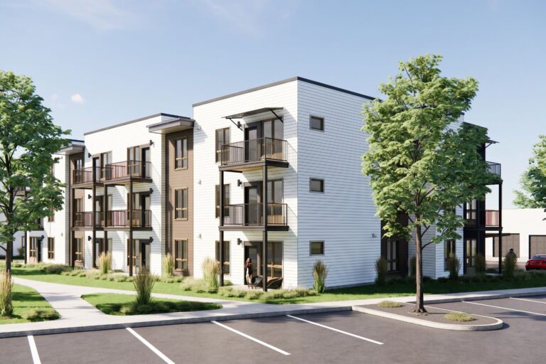 Modern three-story Bob Apartments building with balconies, trees, and parking lot under a clear blue sky