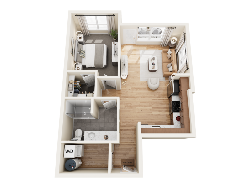 Top-down floor plan of The Bob Apartments in Richland, WA, showing a one-bedroom apartment layout