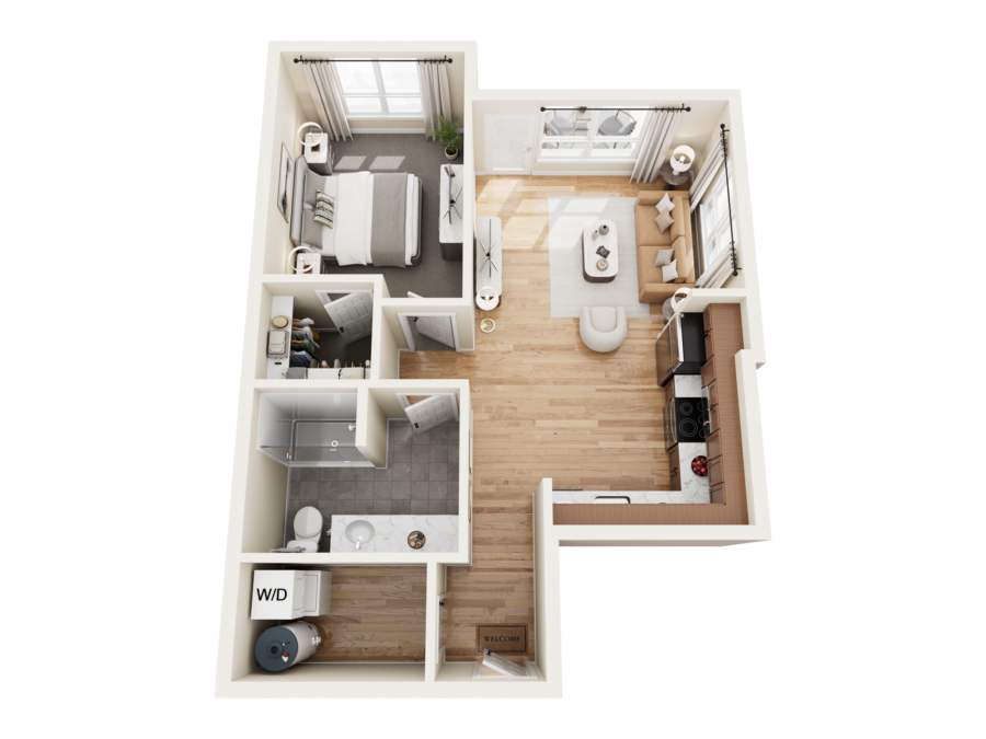 Top-down floor plan of The Bob Apartments in Richland, WA, showing a one-bedroom apartment layout