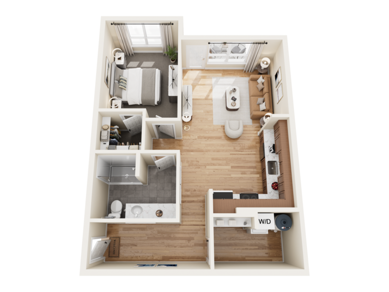Top-down floor plan of The BOB Apartments in Richland, WA, showing a one-bedroom layout with kitchen, bath, and living area