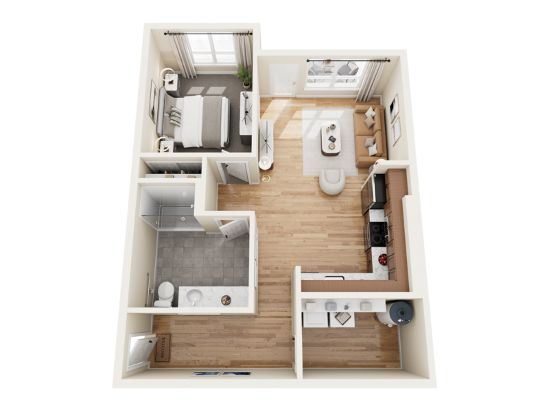 Top-down floor plan of The Bob Apartments in Richland, WA, showing a one-bedroom apartment layout with kitchen, living area, bathroom, and bedroom