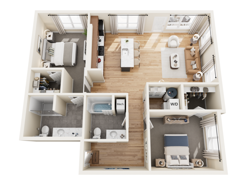 Top-down floor plan of The Bob Apartments in Richland, WA, showing a furnished two-bedroom apartment with kitchen, living area, baths, and closets