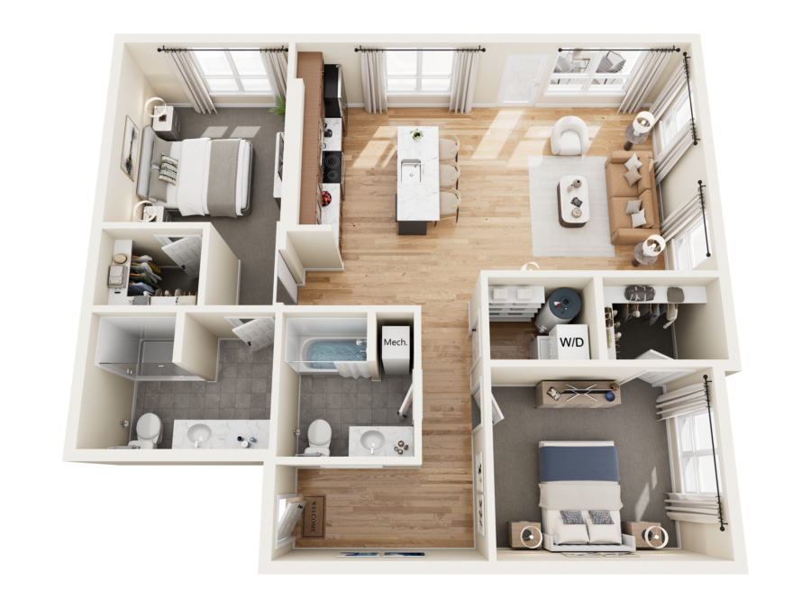 Top-down floor plan of The Bob Apartments in Richland, WA, showing a furnished two-bedroom apartment with kitchen, living area, baths, and closets