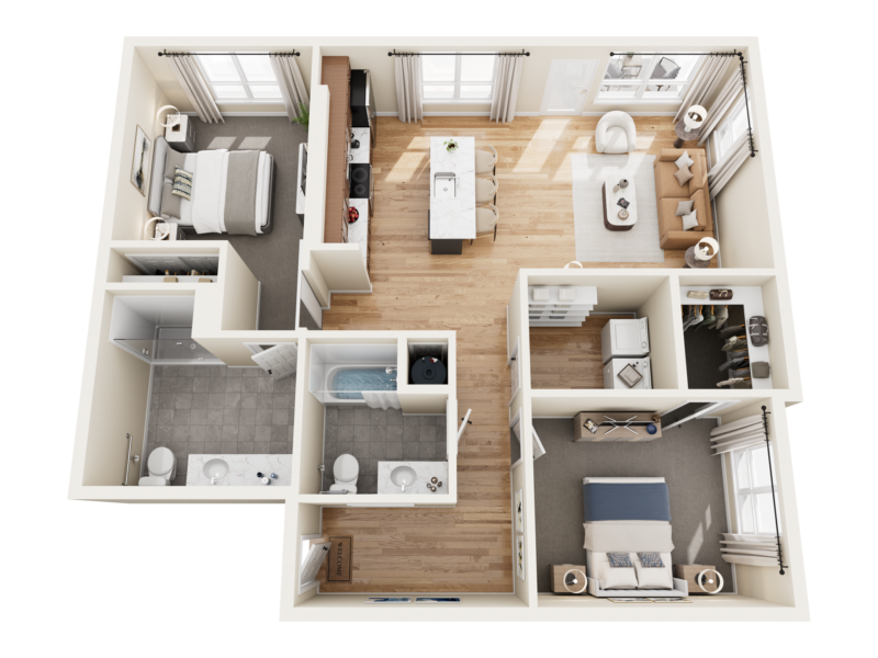 Top-down floor plan of The Bob Apartments in Richland, WA, showing a furnished multi-room unit