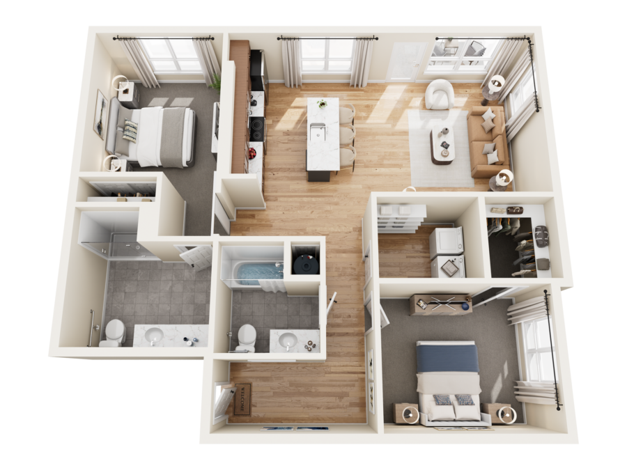 Top-down floor plan of The Bob Apartments in Richland, WA, showing a furnished multi-room unit