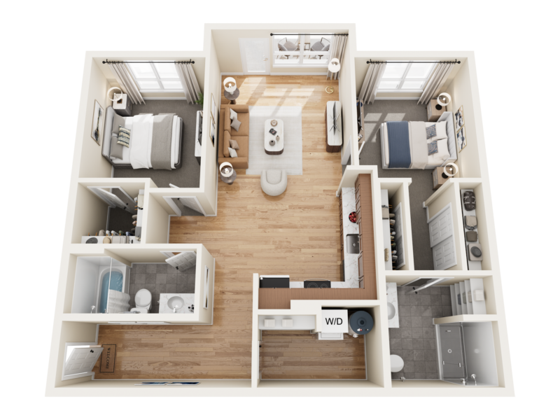 Top-down floor plan of Bob Apartments, Richland, WA, showing two bedrooms, bathroom, kitchen, and living area