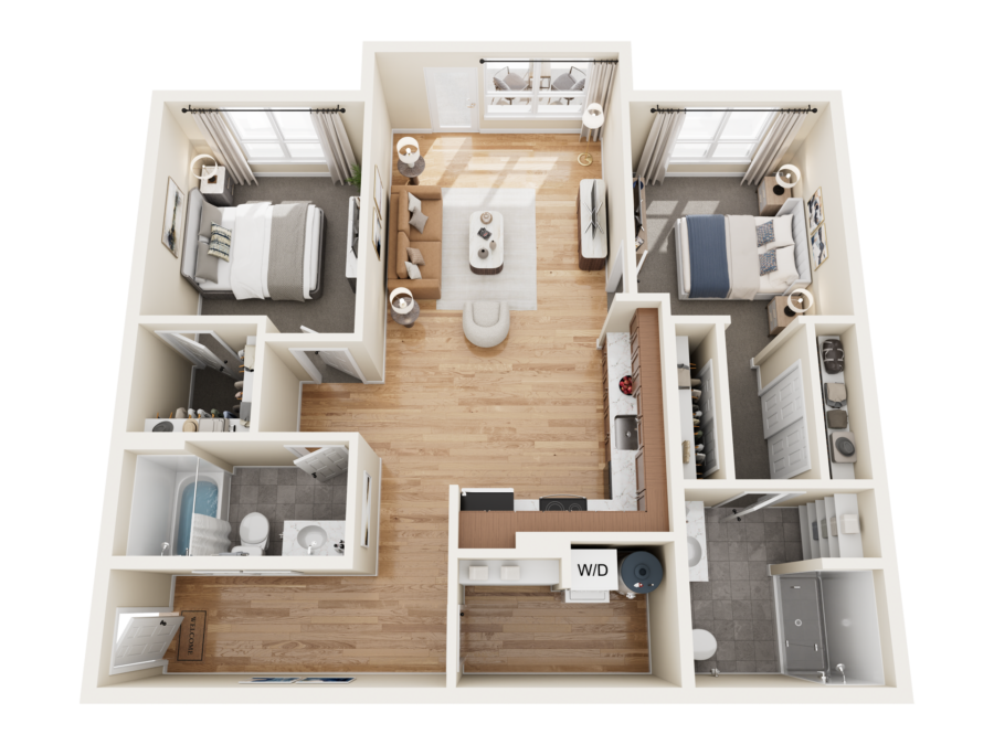 Top-down floor plan of Bob Apartments, Richland, WA, showing two bedrooms, bathroom, kitchen, and living area