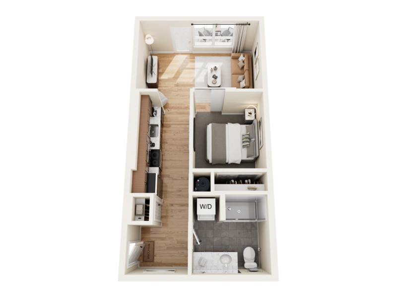 Top-down floor plan of Bob Apartments in Richland, WA, showing a one-bedroom layout with kitchen, bath, and living area
