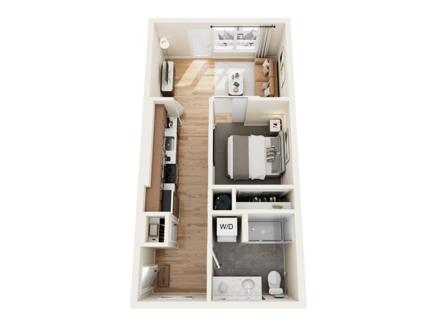 Top-down floor plan of Bob Apartments in Richland, WA, showing a one-bedroom layout with kitchen, bath, and living area