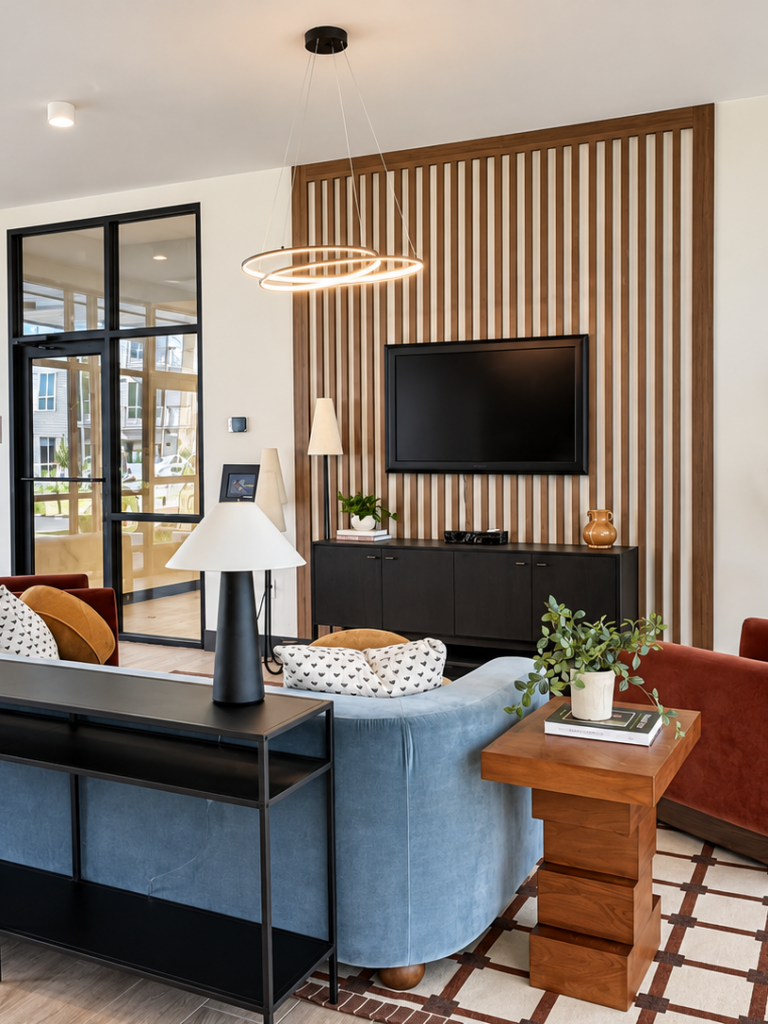 Contemporary Bob Apartments lounge in Richland, WA, with a TV, seating area, plants, and wood-slat accent wall