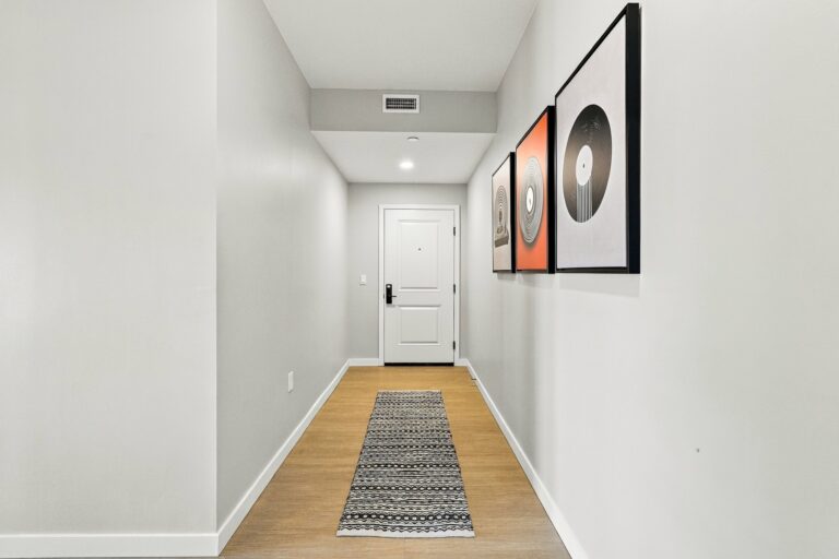 Apartment entry hallway with wood-look flooring, a patterned runner rug, framed abstract artwork, and a white door